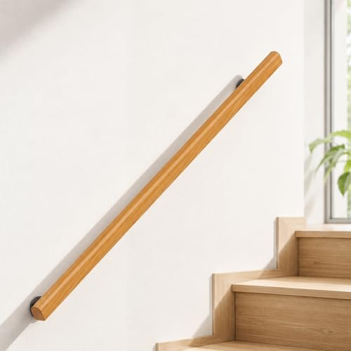 180 cm Wooden Stair Handrail with Wall Brackets, Wooden Banister Rail | Wall Mounted Grab Rail for Indoor Stairs, Hallway, Corridor and Loft