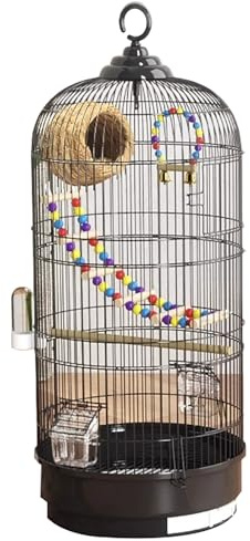 Jaula Redonda de Metal para Pájaros, Resistente y Ventilada, Jaula Loro para Agapornis, Periquitos, Voladera para Interiores y Exteriores(Black)