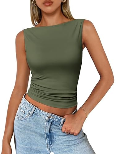 Sukiglam Debardeur Femme Été Hauts sans Manches Col Bateau Crop Tops Chic et Élégant Basic Debardeurs Sexy Slim Fit Y2K Tank Top Décontracté Court Camisole Casual Streewear