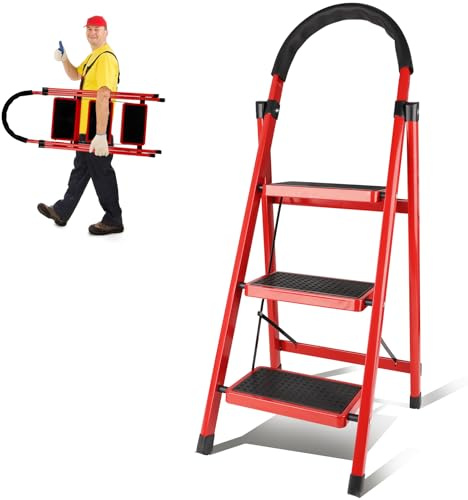 3 Step Ladder Folding, Step Stools for Adults with Wide Anti-Slip Pedals, Curved Cushioned Handrail and Safe-Lock Design, Heavy Duty Portable Multi-Purpose Ladders for Home, Kitchen, Household
