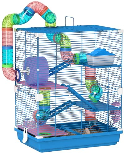 PawHut Gabbia per Criceti a 5 Livelli con Tubi, Ruota, Casetta, Scale e Bottiglia, Gabbietta per Roditori in Metallo e Plastica, 46x30x58 cm, Blu Scuro