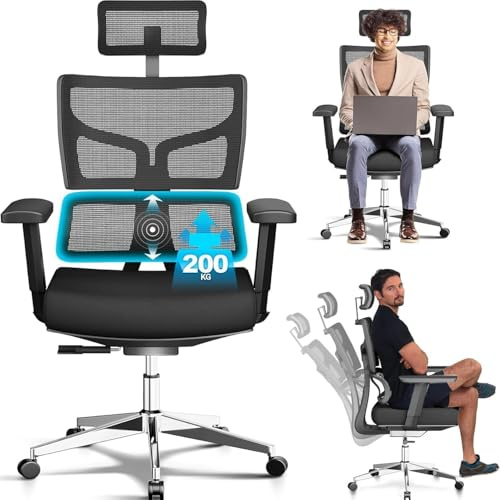 MELOKEA Fauteuil de Bureau 200KG, Verrouillage à 3 Positions, Accoudoirs 3D, Chaise de Bureau Ergonomique XXL, Convient aux Personnes de Grande Taille, Soutien Lombaire Dynamique, Siège Bureau