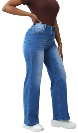 Zingther Premium Straight-Leg High-Waisted Jeans for Women, Retro Stonewashed Stretch Denim Pants for Ladies, Dark Blue, L