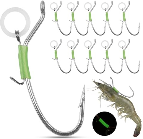 Lot de 10 hameçons de crevettes vivants lumineux en acier à haute teneur en carbone avec pointes - Crochets solides pour crevettes d'eau salée - Pour perche, mérou poisson-chat - 1/0 2/0 3/0