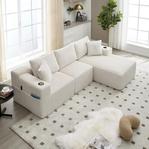 Canapé Convertible 3 Places en L avec Porte-Gobelets, Canapé d'angle Convertible en Velours Côtelé avec 5 Coussins et Accoudoirs, Canapé 3 Places Modulable avec Poches Latérales au Salon Appt, Beige