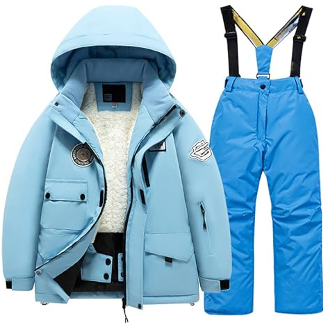Generisch Traje de Esquí para Niños de Forro Polar con Bolsillo, Chaqueta y Pantalón de Invierno, Snowboard, Niños, Unisex, Nieve, Cálidos Trajes de Nieve, azul, 10-12 años