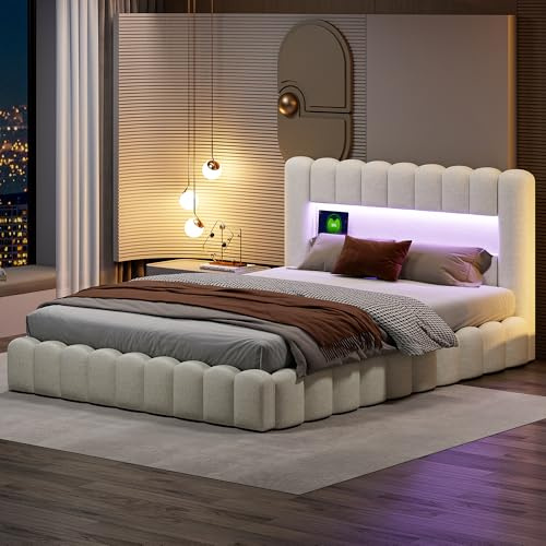 BLSYHDH - Letto con bagagliaio da 140 x 200, letto imbottito a LED idraulico con baule letto matrimoniale con contenitore con testiera e rete a doghe (Beige+Lin-A, 140 x 200)