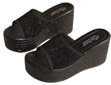 Cocila Claquette Femme Confortable Compensées D'Été pour Femmes en Paillettes Commerce Extérieur Bout Ouvert Talon Compensé Pantoufles Décontractées Mules Orthopédiques Été Chaussures Ete Le Noir 35