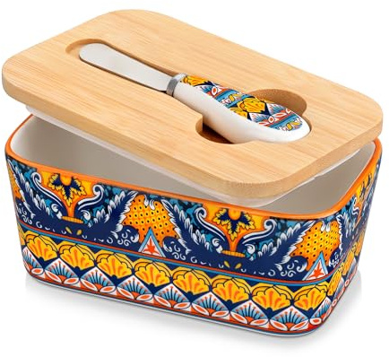 vancasso KRVI Butter Dish with Lid, 6.5 Large Butter Dish for Countertop, Ceramic Butter Keeper Container with Knife and Bamboo Lid, Andalusian Breeze