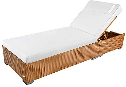 RS Trade Sonnenliege Palermo Natur - Outdoor Liege mit beständigem Poly-Rattan-Geflecht - verstellbare Rückenlehne – extra hoch & breite Liegefläche - inkl. Kopfteil und 10 cm Auflage