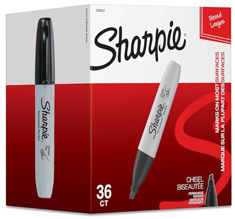 Sharpie Permanent Markers, Chisel Tip, Gray Barrel, Black Ink, Pack Of 36 Markers