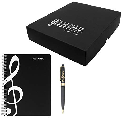 Adorable Black Piano Melody Theme Stationery Gift Set, 1 Music Notebook with 1 Treble Clef Pattern Ballpoint Pen (Music Note Style)