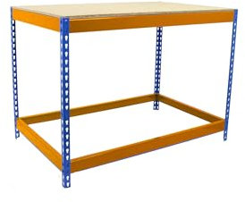 SimonRack Banco de Trabajo Taller, Mesa de Trabajo Taller, Carga Máxima 400 kg, 900x1500x900 mm, Bricolaje, Azul/Naranja/Madera - BT-Basic