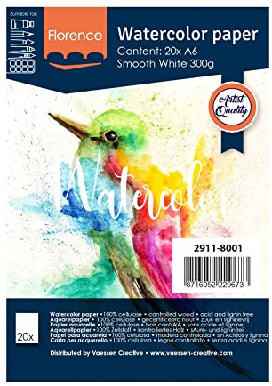 Florence 2911-8001 Aquarellpapier A6 in Weiß, aus 300 g/m² Glattem Papier, 20 Blatt für Aquarellmalerei, Handlettering und Brush Lettering