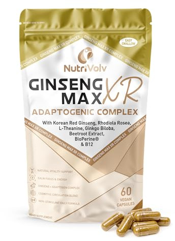Ginseng Max XR Complex | 60 Vegan Capsules | Korean Red Ginseng, Rhodiola, L-Theanine, Ginkgo, Beetroot, BioPerine & Methyl B12 | Adaptogenic Energy & Focus Support | 30 Days | UK Made | by NutriVolv