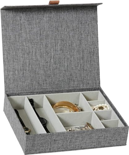 LOVE IT STORE IT Premium Aufbewahrungsbox für Schmuck - Schmuckkästchen aus Leinen, innen Samt - Verstärkt mit Holz - Mit 8 Fächern - Grau - 27x22x6 cm