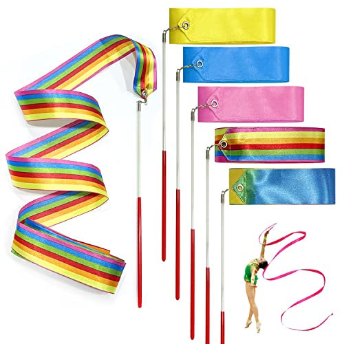 ZWZNBL 5 Tanzbänder Rhythmische Gymnastik Bänder mit Drehstange 2m geeignet für Kindergymnastik, Tanz, Zirkus, Marschband