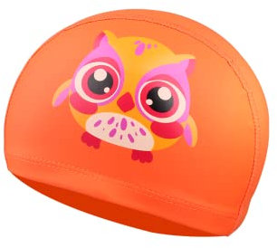 Badekappe Kinder - Badekappe Kinder Mädchen für 4-10 Jahre, Bademütze Kinder, Schwimmkappe Kinder (Orange, Eule)