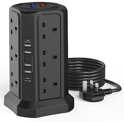 HAFINO Tower Extension Lead with 18W USB C Slots, 12 Way Multi Plug Socket | Surge Protected Extension Lead (13A 3250W) , 1.8M Black Extension Cable with Switches and 5 USB for Home, Office