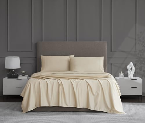 Linen Closet Queen Sheet Set – 4-Piece Cotton Blend, 1200 Thread Count Ultra Soft & Silky Sateen, Moisture Wicking, Wrinkle Resistant, Quick Dry, Deep Pocket up to 18, Durable & Easy Care, Beige