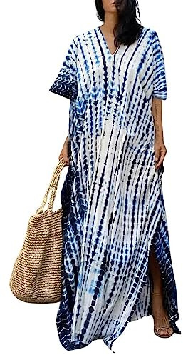 Orshoy Womens Bathing Suit Cover Ups Long Kaftan Beach Dress Kimono Tunic Swimsuit Nightdress B-White Blue Black