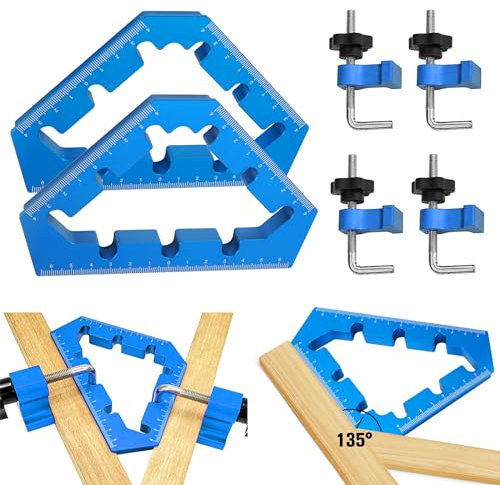 LAIWOO 90/45/135 Grad Positionierung Quadrate 5.35 Zoll mit 4 Klemmen, Eckklemme Holzbearbeitung Winkelspanner für Bilderrahmen Regalschränke((Blau))