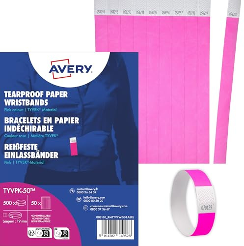 AVERY Zweckform TYVPK-50 Einlassbänder Tyvek 500 Stück (256x19mm, fortlaufend nummeriert, reiß- und wasserfest, sicherer Klebeverschluss, Eintrittsbänder, Event Armbänder, Securebänder) neonpink
