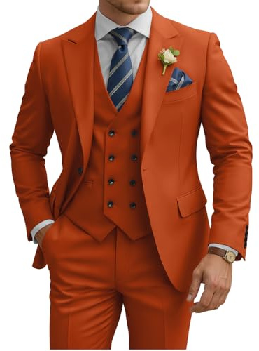 TIJOFA 3 Piece Suit Men Slim Fit Double Breasted Suit for Men Wedding Suits Classic One Button Formal Prom Dinner Tuxedo, Rusty Orange, L