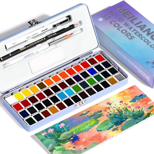 MeiLiang - Set di acquerelli da viaggio, 52 colori con 1 matita da disegno, 1 pennello, 5 carta per acquerello, 1 spugna e 1 penna da disegno nera, set di acquerelli per adulti, custodia blu