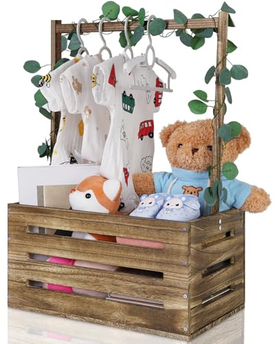 Snpwne Wooden Baby Shower Crate Closet, Baby Basket with Handle, Personalized Baby Gifts Basket, Storage Basket, Newborn Boy Girl Welcome Gift for New Mom Parents