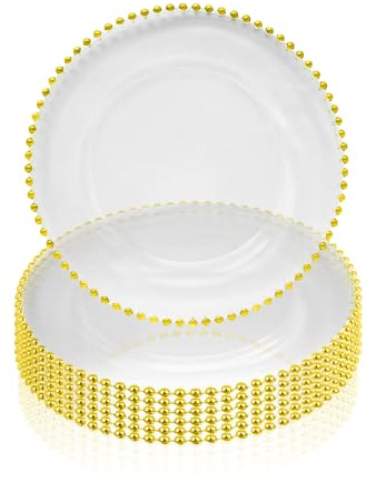 Trimming Shop 13-inch Clear Charger Plates with Gold Beaded Rim – Elegant Acrylic Plates for Weddings, Parties, and Table Decorations, Affordable Decorative Dinner for Home & Events, Pack of 6
