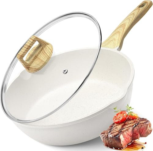 GiPP Padella Antiaderente, Padella In Granito Da 2.6l Con Coperchio, Beccuccio E Manico Raffreddato, Padell Antiaderente Non Tossica, Pentola Per Induzione, Senza Pfoa (Bianco, 24cm)