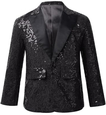 Miaeowve Chaqueta de traje de manga larga para niños con lentejuelas, blazer brillante, festivo para carnaval, fiesta temática, Negro , 134-140