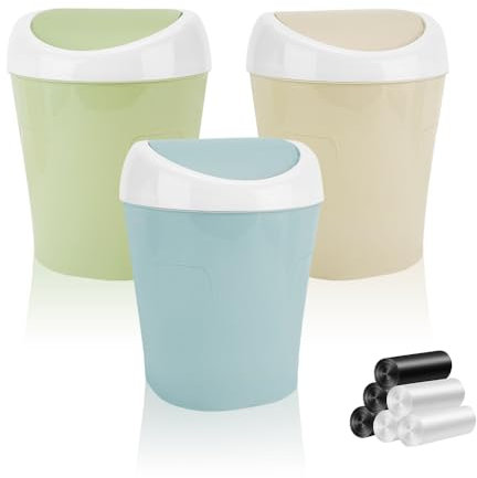 3PCS Small Bin with Lid, Plastic Mini Desktop Bins and 6 Rolls Bin Liners, Colorful Office Desk Compact Trash Can, Waste Paper Tea Bag Bathroom Bins for Vanity Tabletop,10.5x10.5x16.5cm (3PCS)