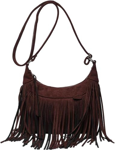 Sac à main à bandoulière pour femme, sac à main tendance, moderne, sangle réglable, style rétro, franges pour plage, voyage, école, vacances, téléphone, marron, M