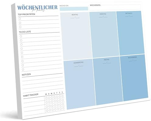BIROYAL Wochenplaner Block A4 ohne festes Datum (50 Seiten), Schreibtischunterlage mit ToDo Liste, Wochenkalender Wochen Planer mit Wochenübersicht&Habit-Tracker für Termine, Aufgaben& Notizen