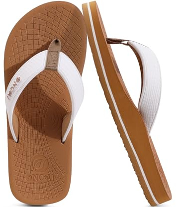 ONCAI Men’s Flip Flops with Arch Support Footbed White Khaki Summer Beach Fashion Orthotic Yoga Mat Thong Sandals With Cushion Slip-on Ooudoor Rubber Sole Size 7