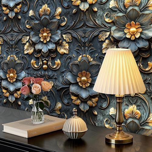 iPaste 17.5x237 Gorgeous Vintage Baroque Art Deco Wallpaper Embossed Wallpaper Peel and Stick Metallic Blue and Gold Floral Wall Paper for Living Room Easy Peel Off Stick on Accent Wall Paper Mural