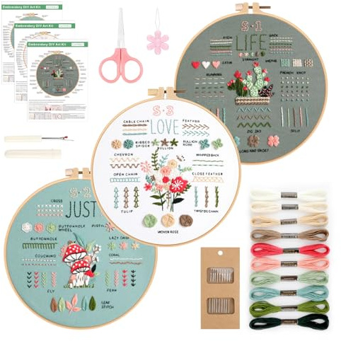 GlasFlength 3 Pièces Kit de Démarrage de Broderie, Kit De Broderie pour Débutant Fils à Broder Broderie Débutant Outil avec Cerceaux de Broderie Fils de Broderie Tissu et Outil (CX1103)