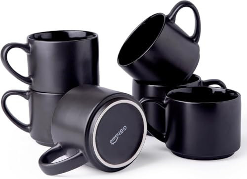 GBHOME 14 oz Coffee Mugs Set of 6, Stackable Ceramic Mugs for Men, Women, Modern Coffee Cups for Latte, Tea, Cappuccino. Dishwasher & Microwave Safe, Black