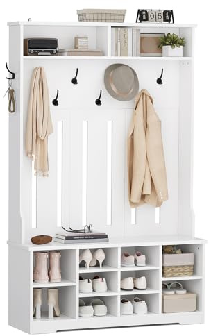 AOGLLATI Garderobenständer mit Schuhbank,Garderoben-Set mit 8 Doppelhaken & Offenem Stauraum, Flurgarderobe Set Kompaktgarderobe mit Schuhschrank für Eingangsbereich Schlafzimmer Wohnzimmer(Weiß)