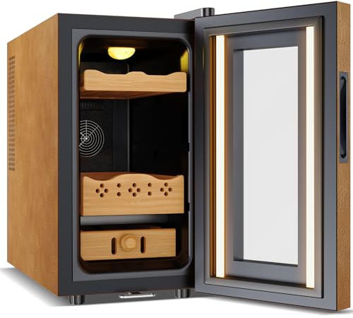 Velieta 25L Upgraded Electric Humidor with Leather, 200 Counts Large Capacity,Thermostatic Electric Cooler Cabinet with Digital LED Screen, Safety Lock,Smart Humidity & Temp Control, Gifts for Men