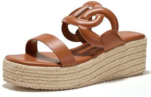 GotSoft Women's Open Toe Wedge Espadrilles Sandals Slip On Slides Platform Sandal Comfortable Summer Shoes, Brown, size 7.5