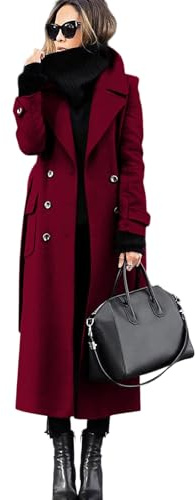 Générique Manteau Laine Femme Hiver Chic Long Revers Large Boutons Double Rang Poches Latérales Tissu Texturé Pour Automne Hiver Travail Sorties Quotidien Bordeaux, XXL