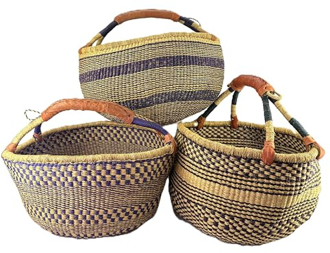 Cesto Rotondo Bolga Grande circa Ø 40 x 40 cm – Artigianale dal Ghana – Fair Trade – Cesto per la Spesa con Manico in Pelle – Toni Scuri