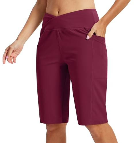 MoFiz Damshorts, bermudashorts, knälång, korta byxor, dam, sommar, gym, shorts med fickor, röd, XXL