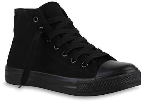 stiefelparadies Damen Sneakers High Top Sportschuhe Stoffschuhe Freizeit Schnürer 140023 Schwarz Schwarz 37 Flandell