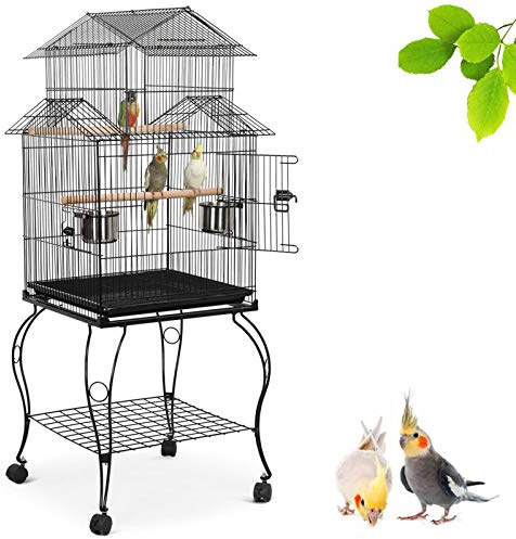 Yaheetech Jaula para Pájaros con Ruedas y Soporte de Comedero 59.5 x 59.5 x 140 cm - De Hierro - Color Negro