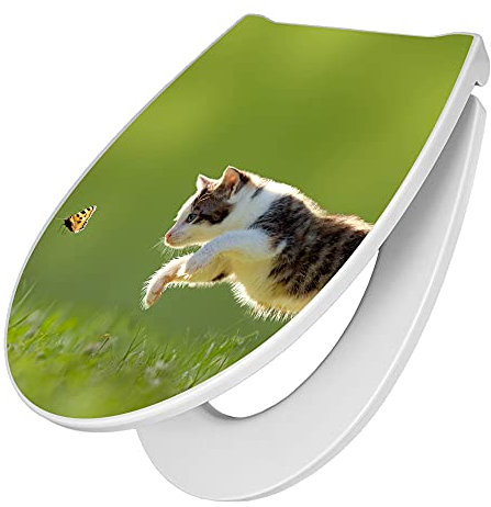 banjado Premium Toilettendeckel mit Absenkautomatik 45x38,4cm / WC Brille Soft Close/hygienischer Toilettendeckel/Klodeckel Duroplast mit Edelstahl Scharnier/Motiv Jagende Katze