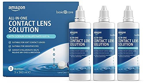 Amazon Basic Care Soluzione tutto-in-uno con sodio ialuronato per lenti a contatto morbide, 3 x 360ml
